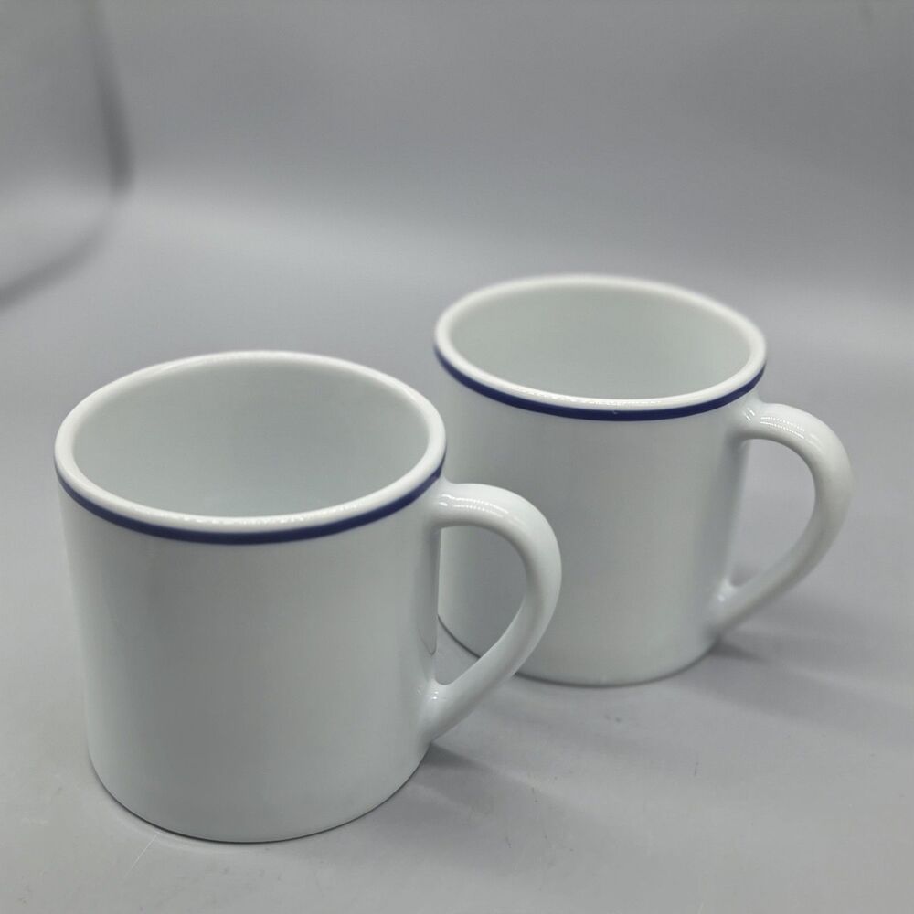 Apilco Tradition Set (2) White Blue Band Mugs 8 Oz Made In FRANCE 3.25" High